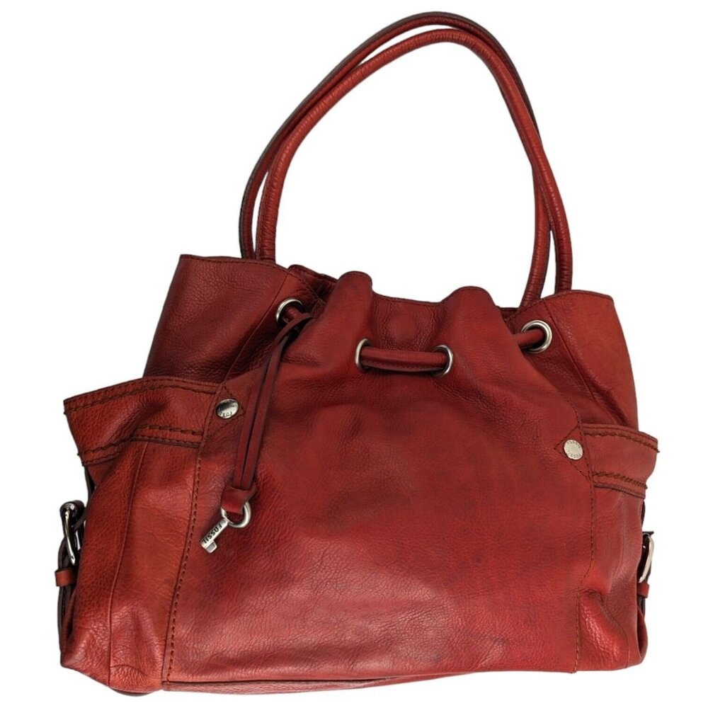 Fossil Red Leather Bucket Hobo Shoulder Bag 75082